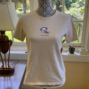 Life is Good Tan Short Sleeve Cotton Relaxed Graphic T-Shirt Beach Chair Small
